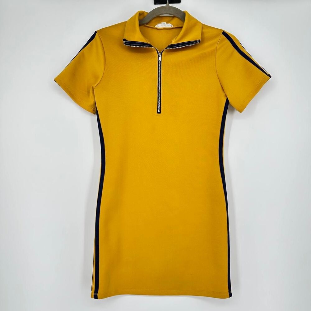 It Girl Mustard Yellow Half Zip Stripe Active Bodycon Mini Dress Size M